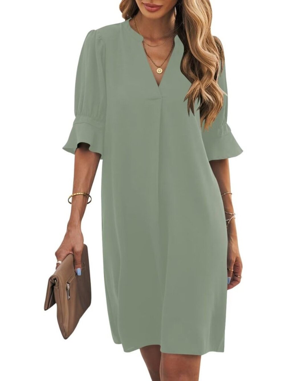 Womens Summer Ruffle Short Sleeve V Neck Shift Dress